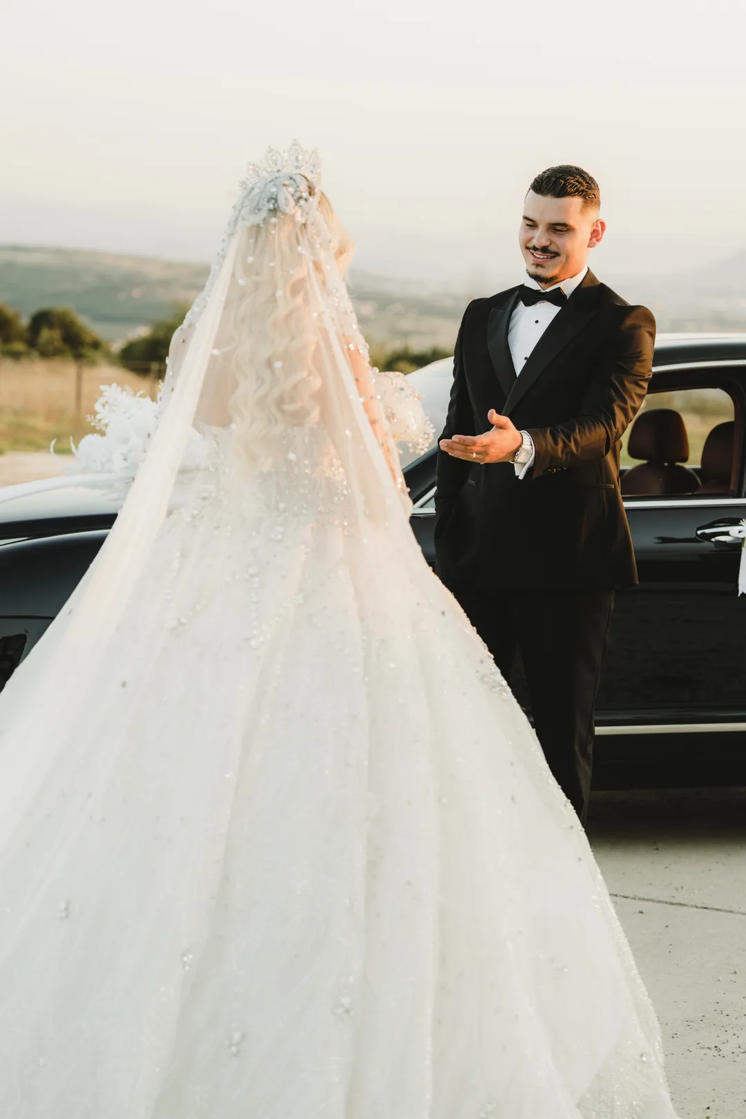 Bride from behind in a crystal-studded veil and crown, the groom holding out his hand