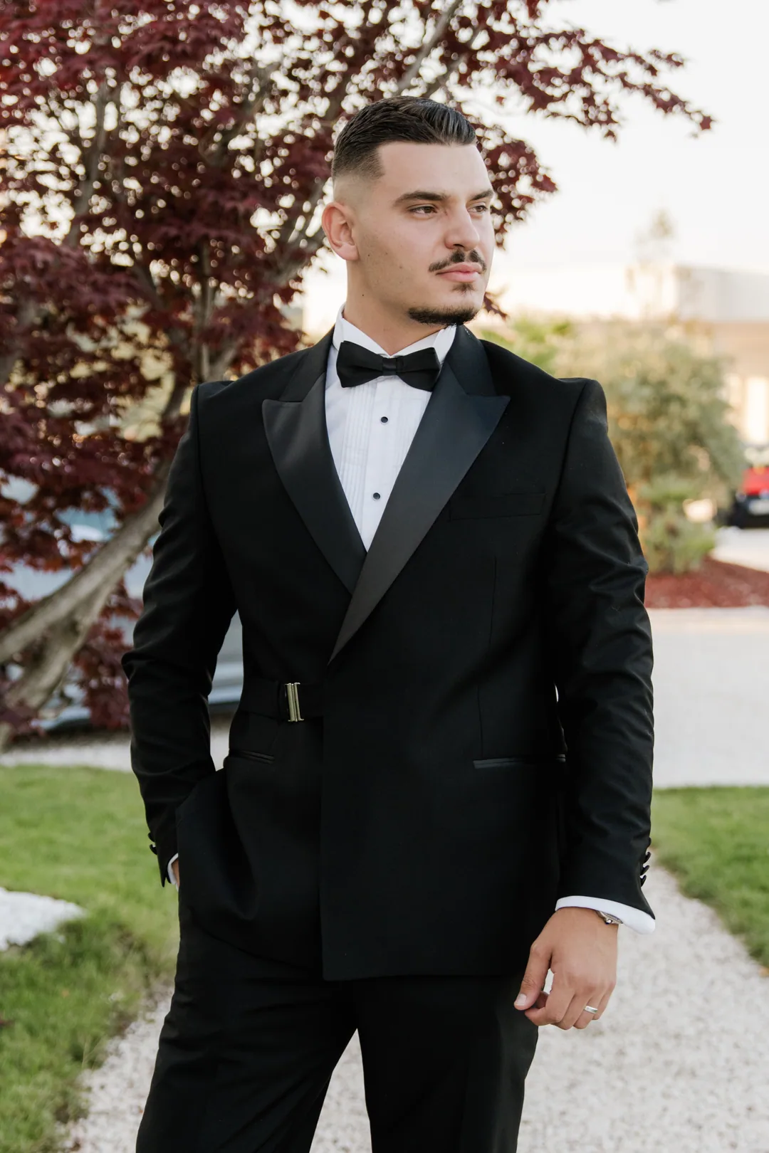 Groom with a hand in his pocket, glancing aside by a red maple